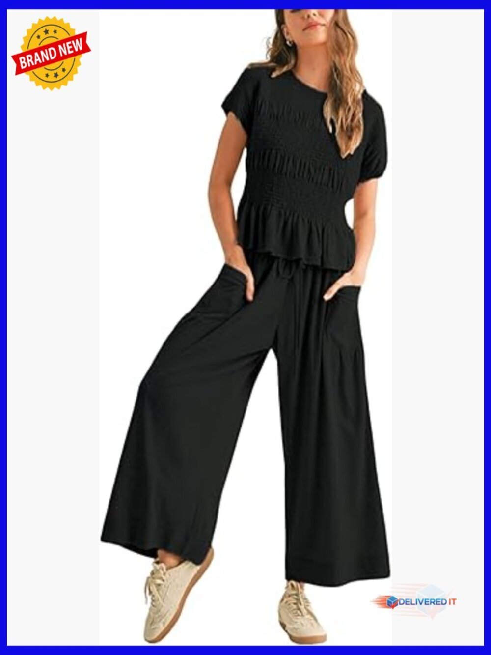 2 Piece Smocked Top Wide-Leg Pants Set High-Waisted Lounge Outfit with Pockets